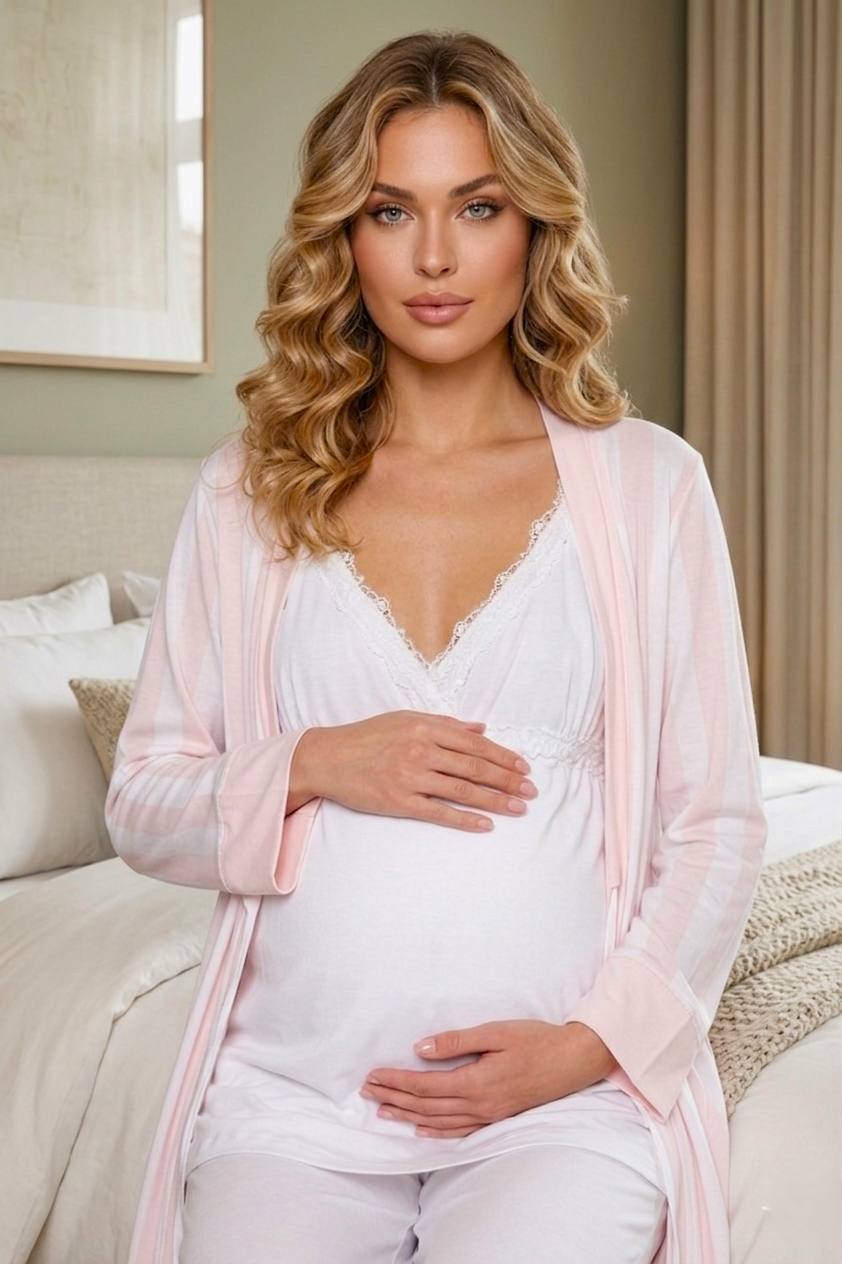 Yeni Sezon Pudra Ekru Uzun Sabahlıklı Askılı Özel Tasarım Yazlık %100 Pamuk Hamile Lohusa Sabahlıklı Pijama Takımı Seti 9034