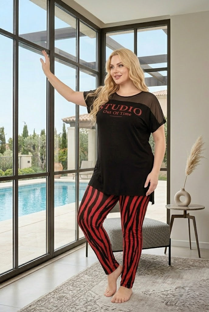 Yeni Sezon Kadın Yazlık Siyah Kırmızı Zebra Desenli Şık Kısa Kol Büyük Beden (Battal) Pijama Takımı 10957