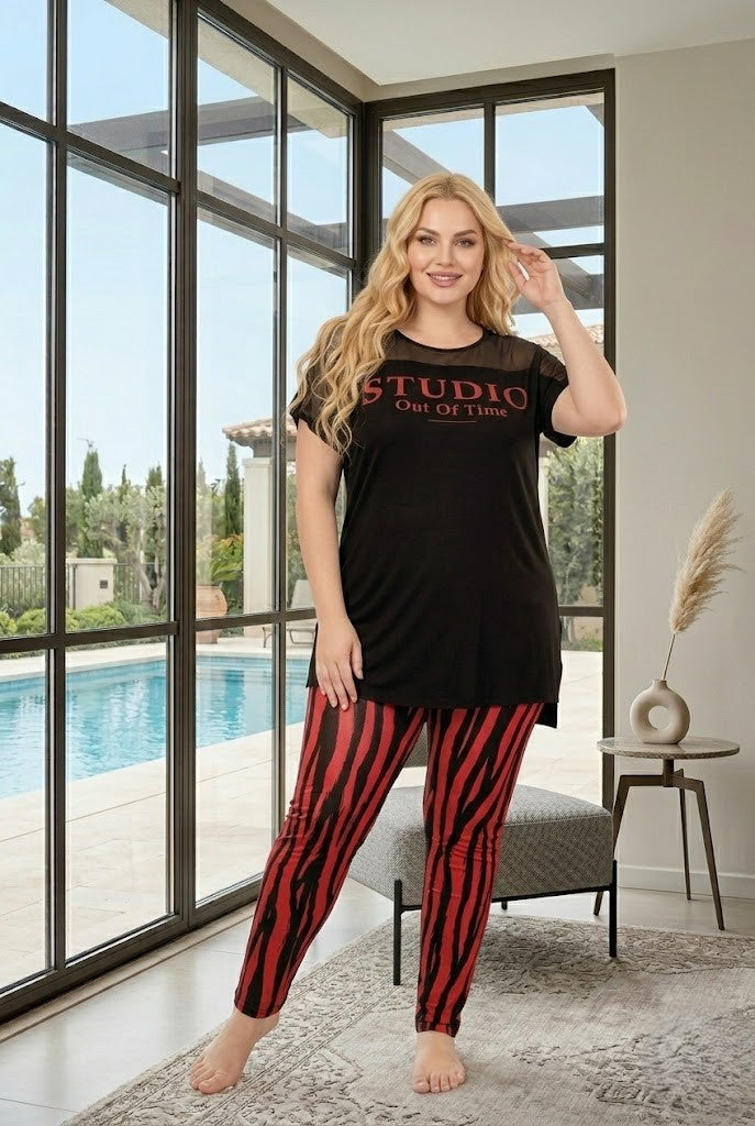 Yeni Sezon Kadın Yazlık Siyah Kırmızı Zebra Desenli Şık Kısa Kol Büyük Beden (Battal) Pijama Takımı 10957
