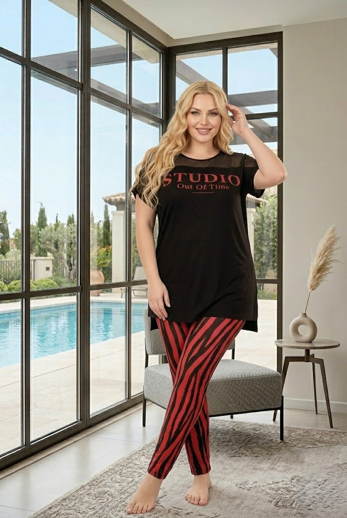 Yeni Sezon Kadın Yazlık Siyah Kırmızı Zebra Desenli Şık Kısa Kol Büyük Beden (Battal) Pijama Takımı 10957