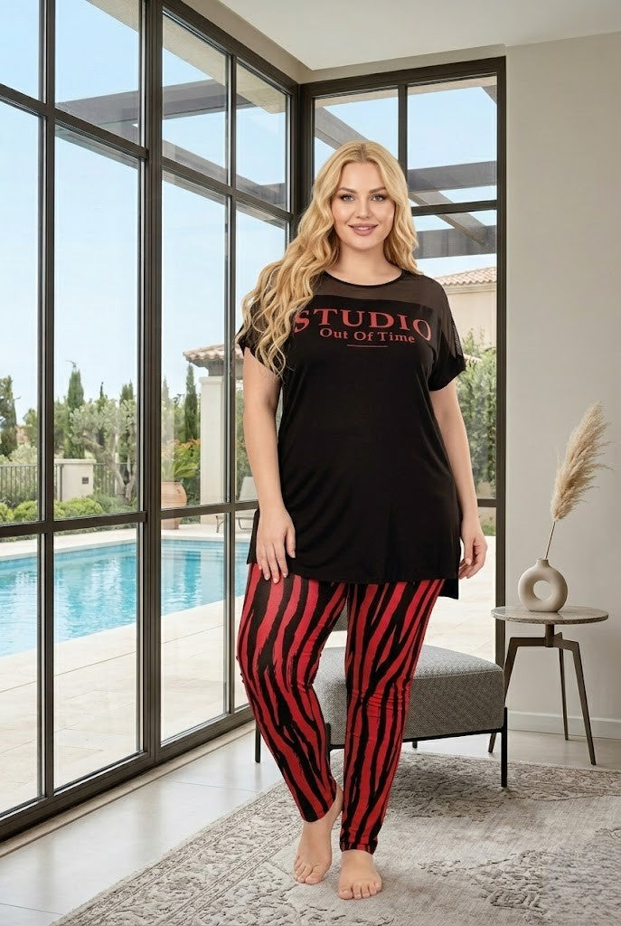 Yeni Sezon Kadın Yazlık Siyah Kırmızı Zebra Desenli Şık Kısa Kol Büyük Beden (Battal) Pijama Takımı 10957