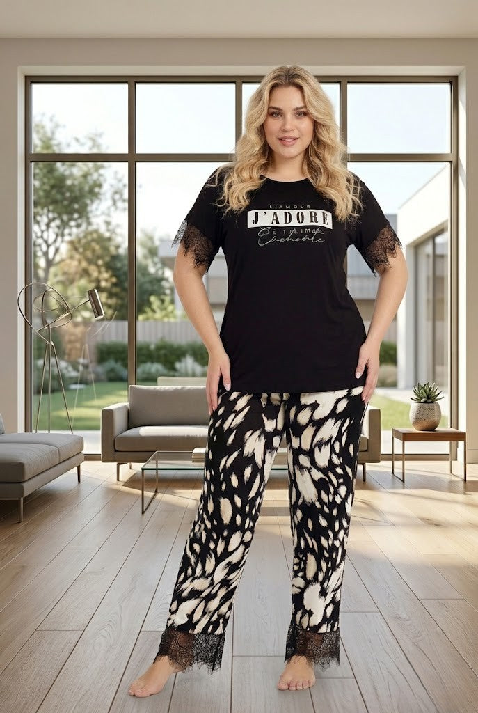 Yeni Sezon Kadın Siyah Desenli Kısa Kol Özel Tasarım Yazlık Büyük Beden (Battal) Pijama Takımı 10980