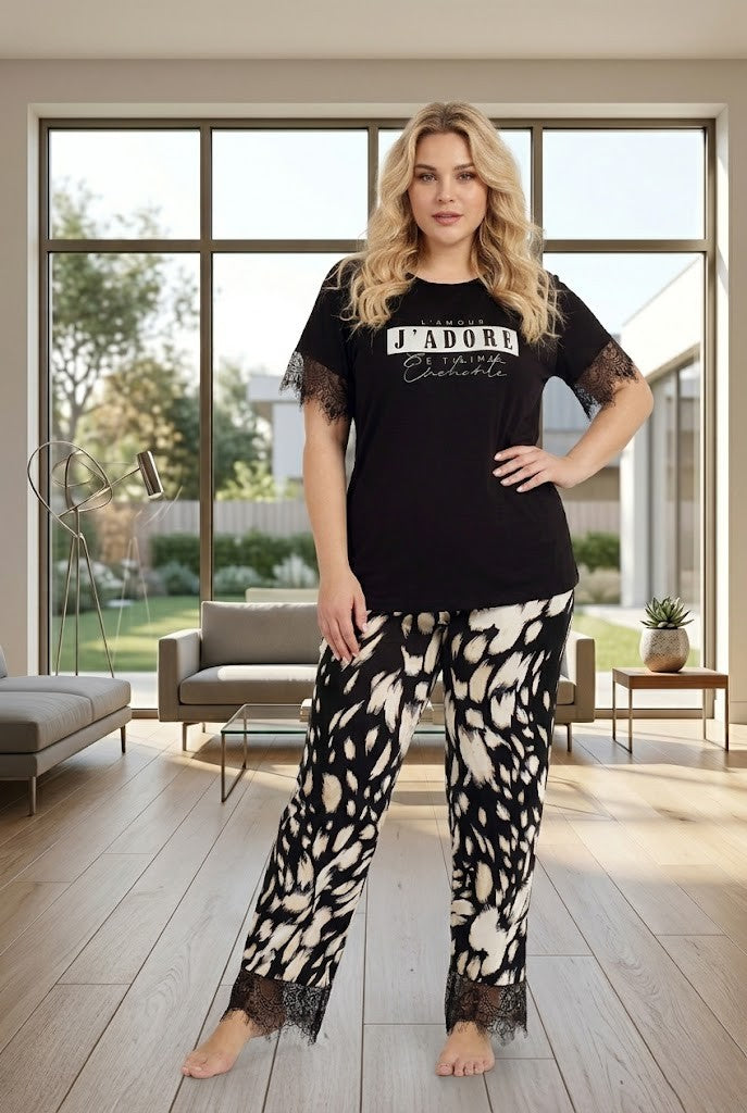 Yeni Sezon Kadın Siyah Desenli Kısa Kol Özel Tasarım Yazlık Büyük Beden (Battal) Pijama Takımı 10980