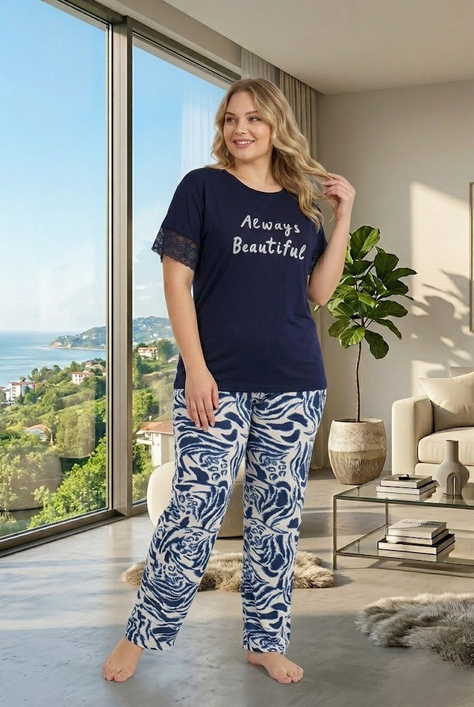 Yeni Sezon Kadın Lacivert Desenli Kısa Kol Özel Tasarım Yazlık Büyük Beden (Battal) Pijama Takımı 11024