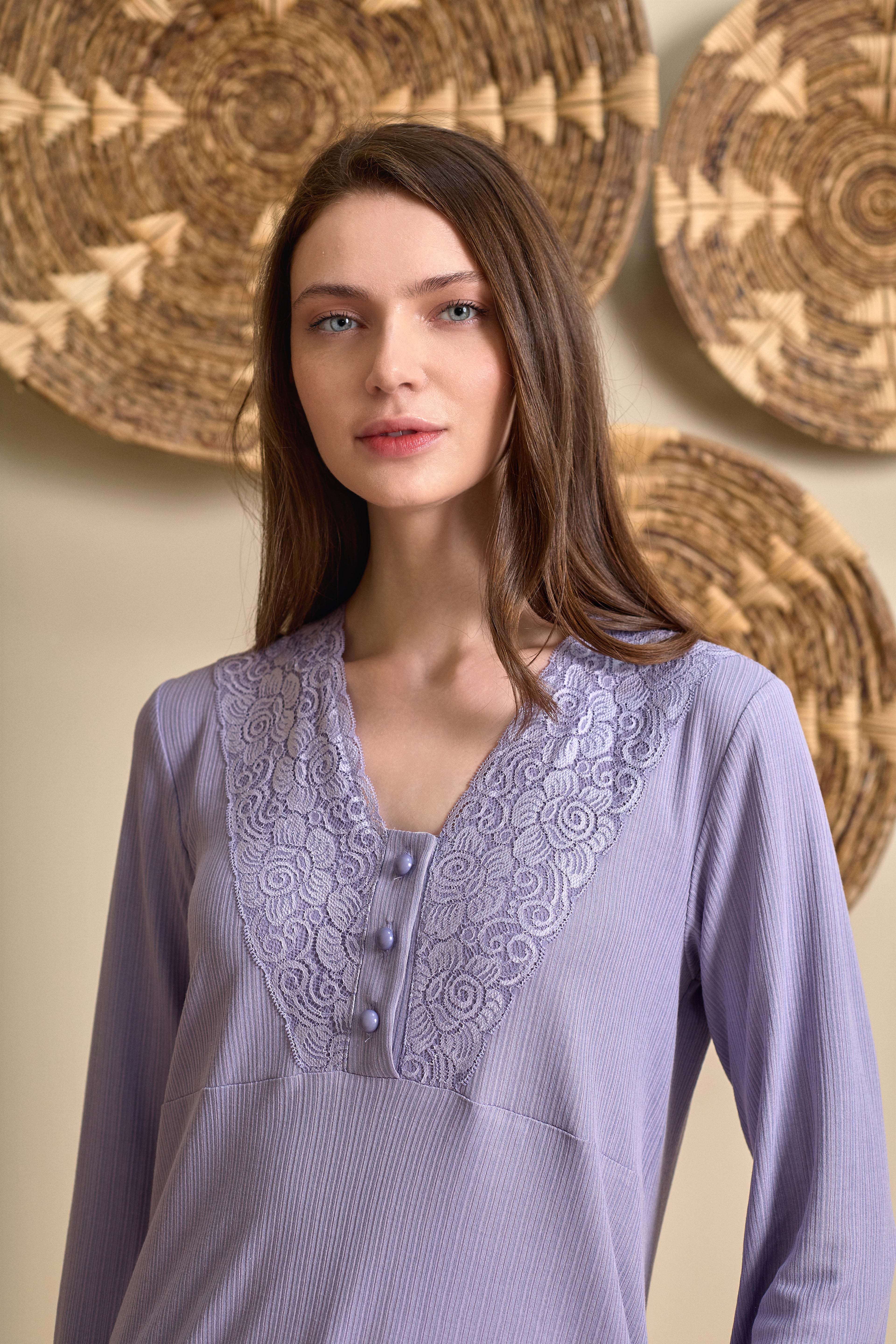 Kadın Lila Düğmeli  Rahat Kesim Pamuklu Büyük Beden (Battal) Pijama Takımı 1102