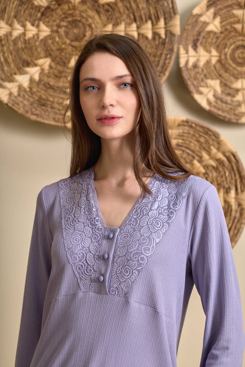 Kadın Lila Düğmeli  Rahat Kesim Pamuklu Büyük Beden (Battal) Pijama Takımı 1102