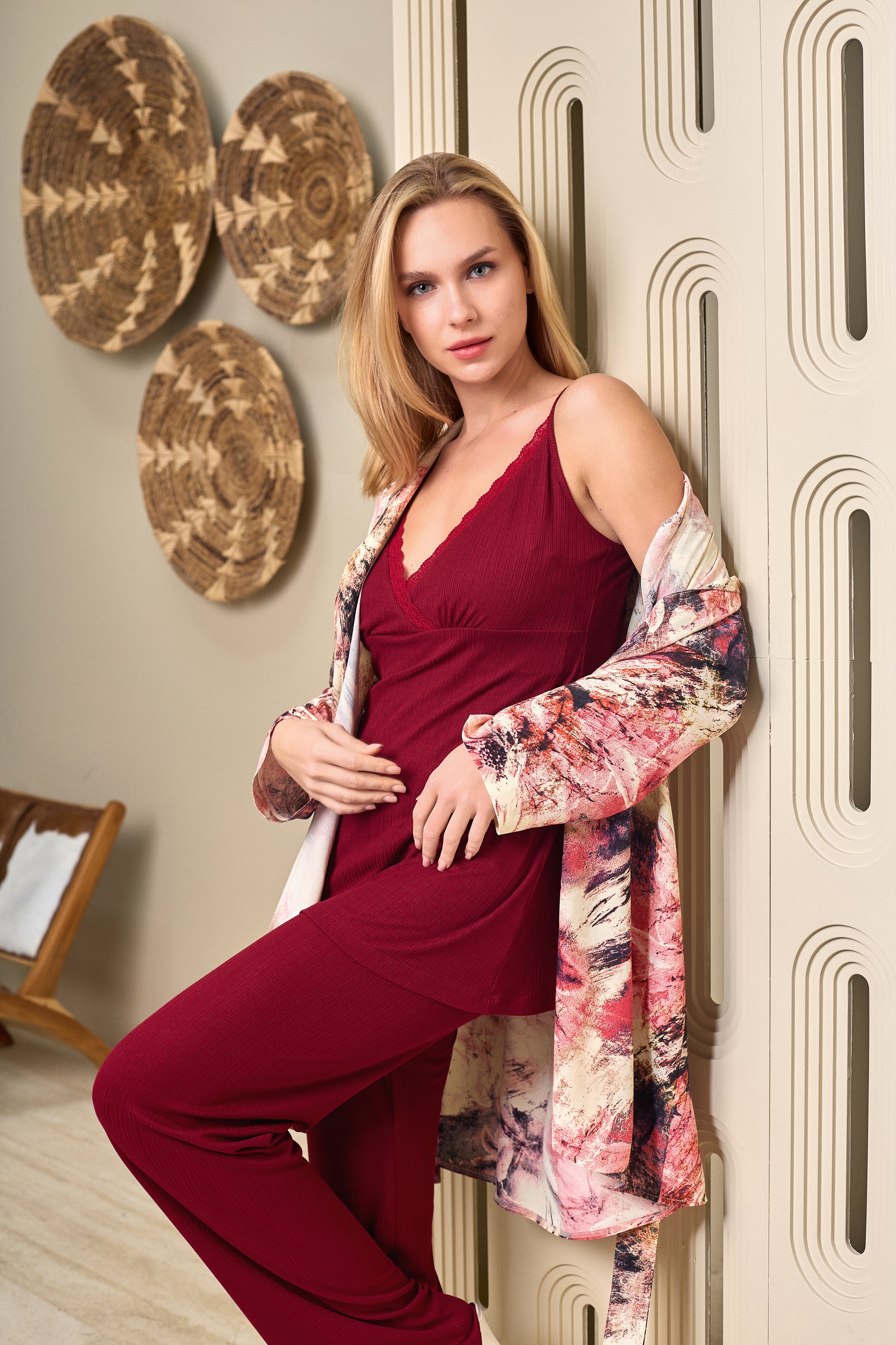Yeni Sezon Bordo Desenli Askılı Yazlık Özel Tasarım Hamile Lohusa Sabahlıklı Pijama Takımı Seti 1104