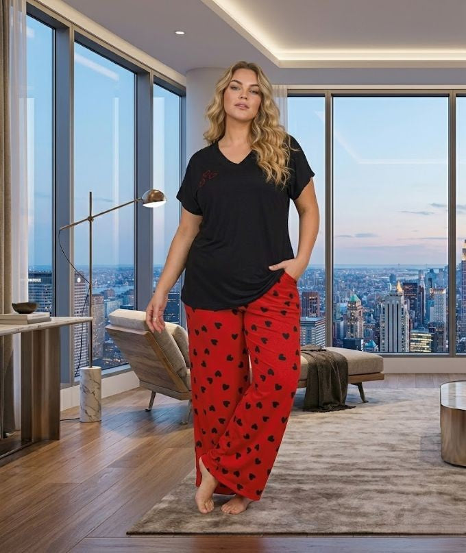 Yeni Sezon Kadın Siyah V Yaka Özel Tasarım Kısa Kol Yazlık Büyük Beden (Battal) Pijama Takımı 11054