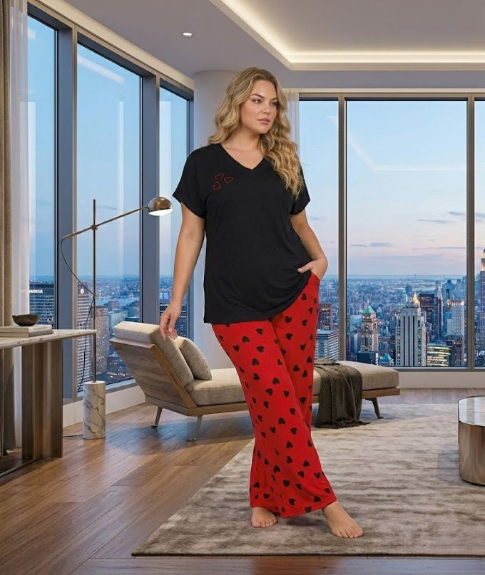 Yeni Sezon Kadın Siyah V Yaka Özel Tasarım Kısa Kol Yazlık Büyük Beden (Battal) Pijama Takımı 11054