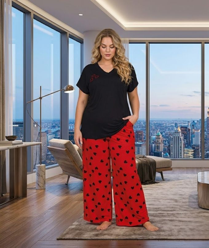Yeni Sezon Kadın Siyah V Yaka Özel Tasarım Kısa Kol Yazlık Büyük Beden (Battal) Pijama Takımı 11054