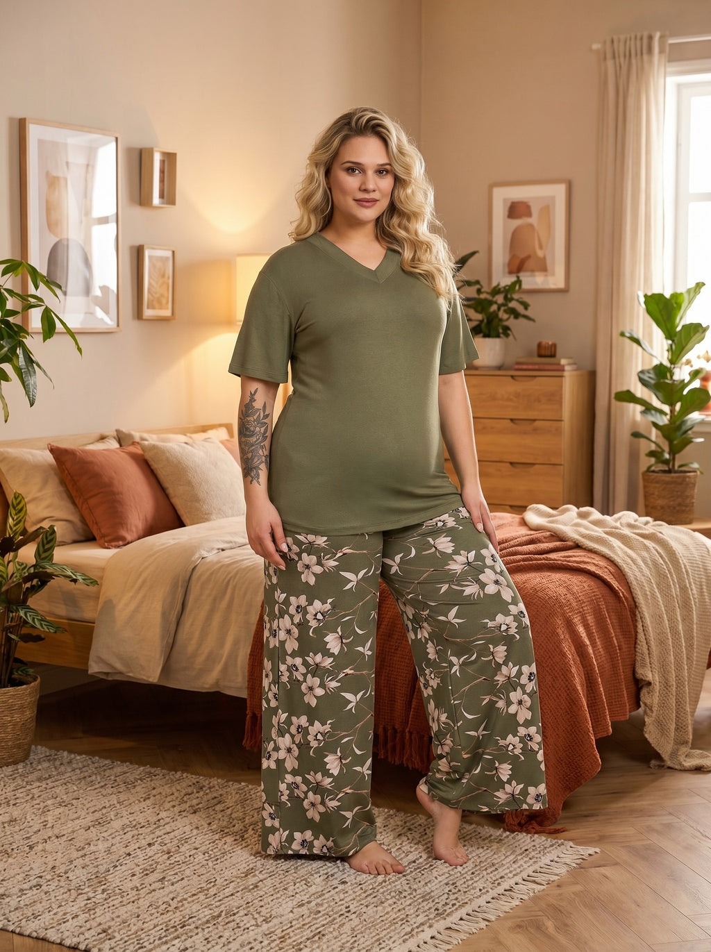 Yeni Sezon Kadın Haki Özel Tasarım Kısa Kol Yazlık Pamuk Penye Büyük Beden (Battal Boy) Pijama Takımı 11057
