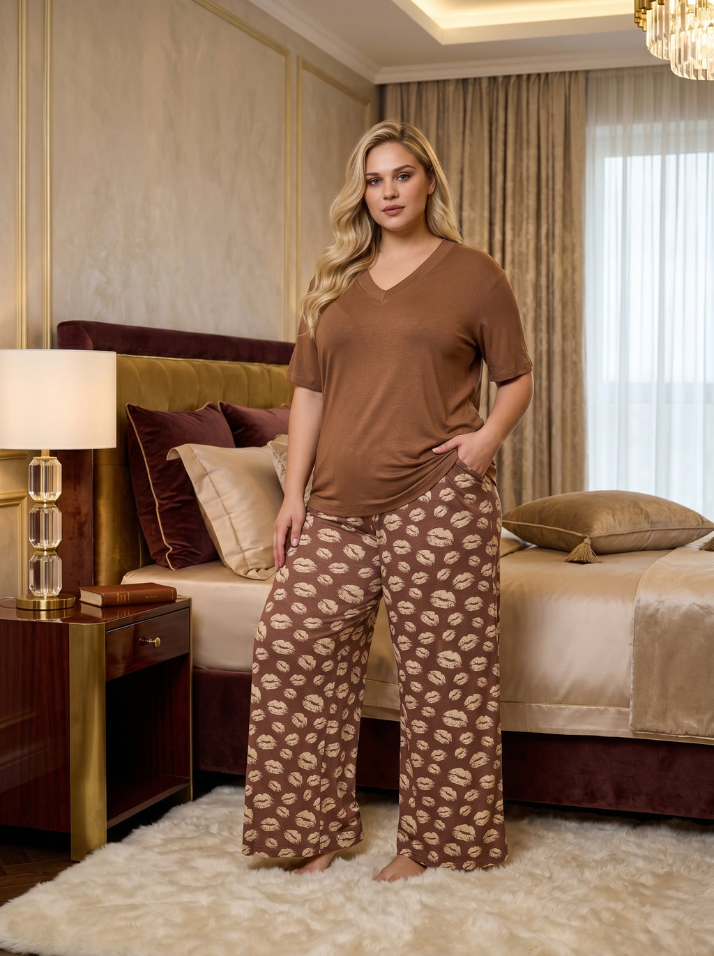 Yeni Sezon Kadın Kahverengi Desenli Yazlık V Yaka Özel Tasarım Kısa Kol Yazlık Büyük Beden (Battal Boy) Pijama Takımı 11059