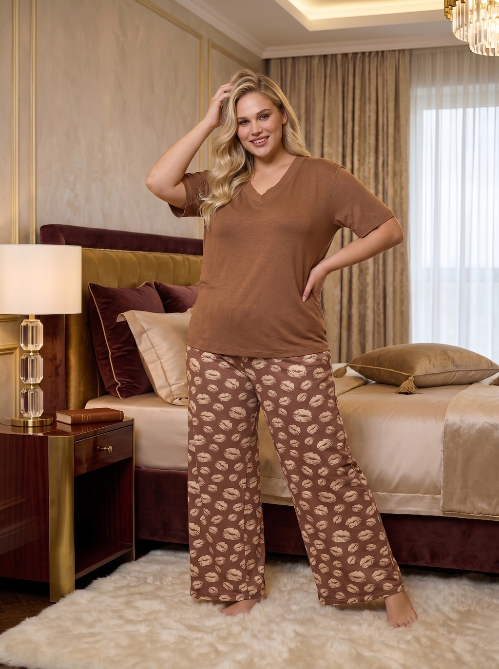 Yeni Sezon Kadın Kahverengi Desenli Yazlık V Yaka Özel Tasarım Kısa Kol Yazlık Büyük Beden (Battal Boy) Pijama Takımı 11059