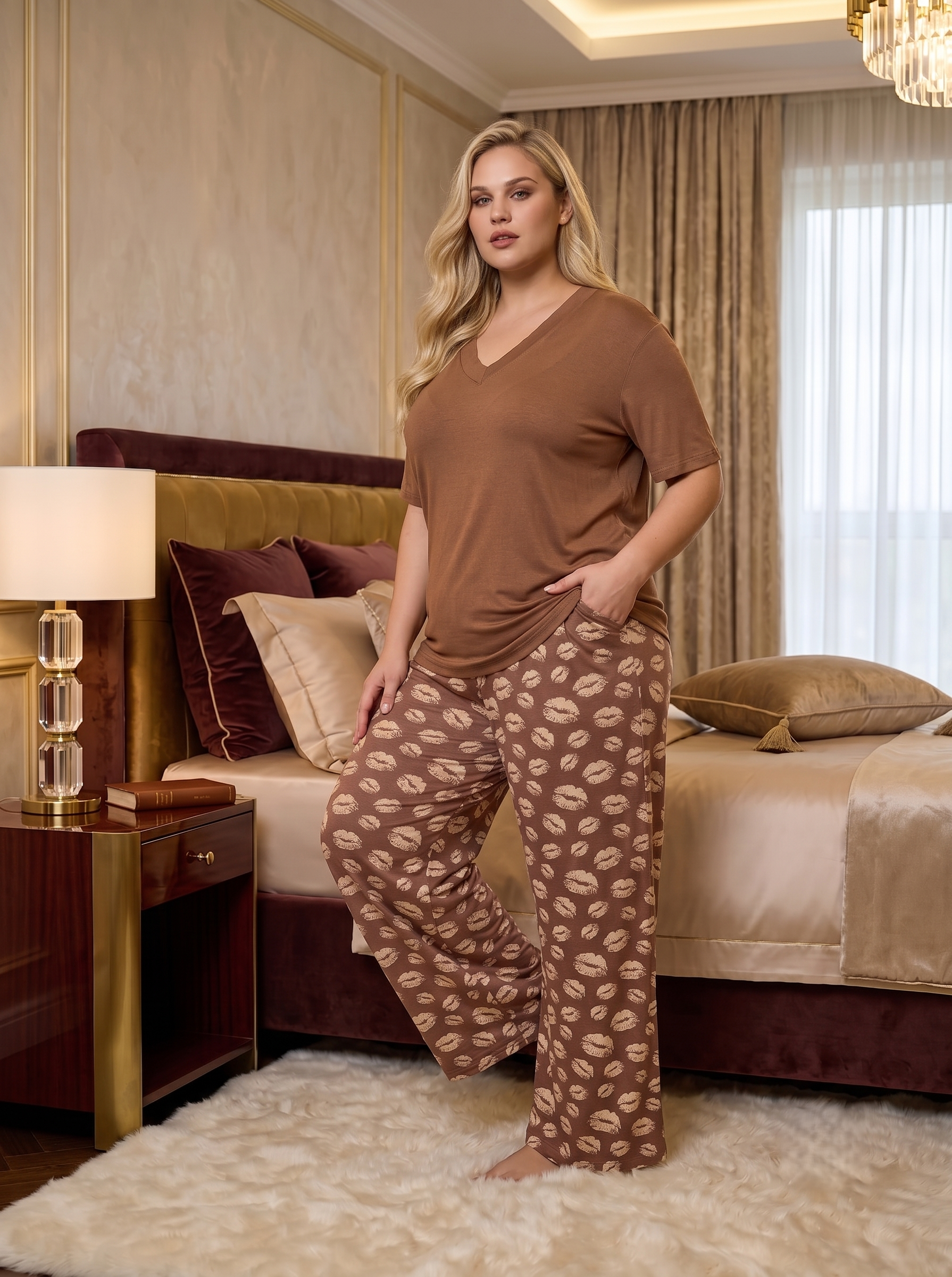 Yeni Sezon Kadın Kahverengi Desenli Yazlık V Yaka Özel Tasarım Kısa Kol Yazlık Büyük Beden (Battal Boy) Pijama Takımı 11059