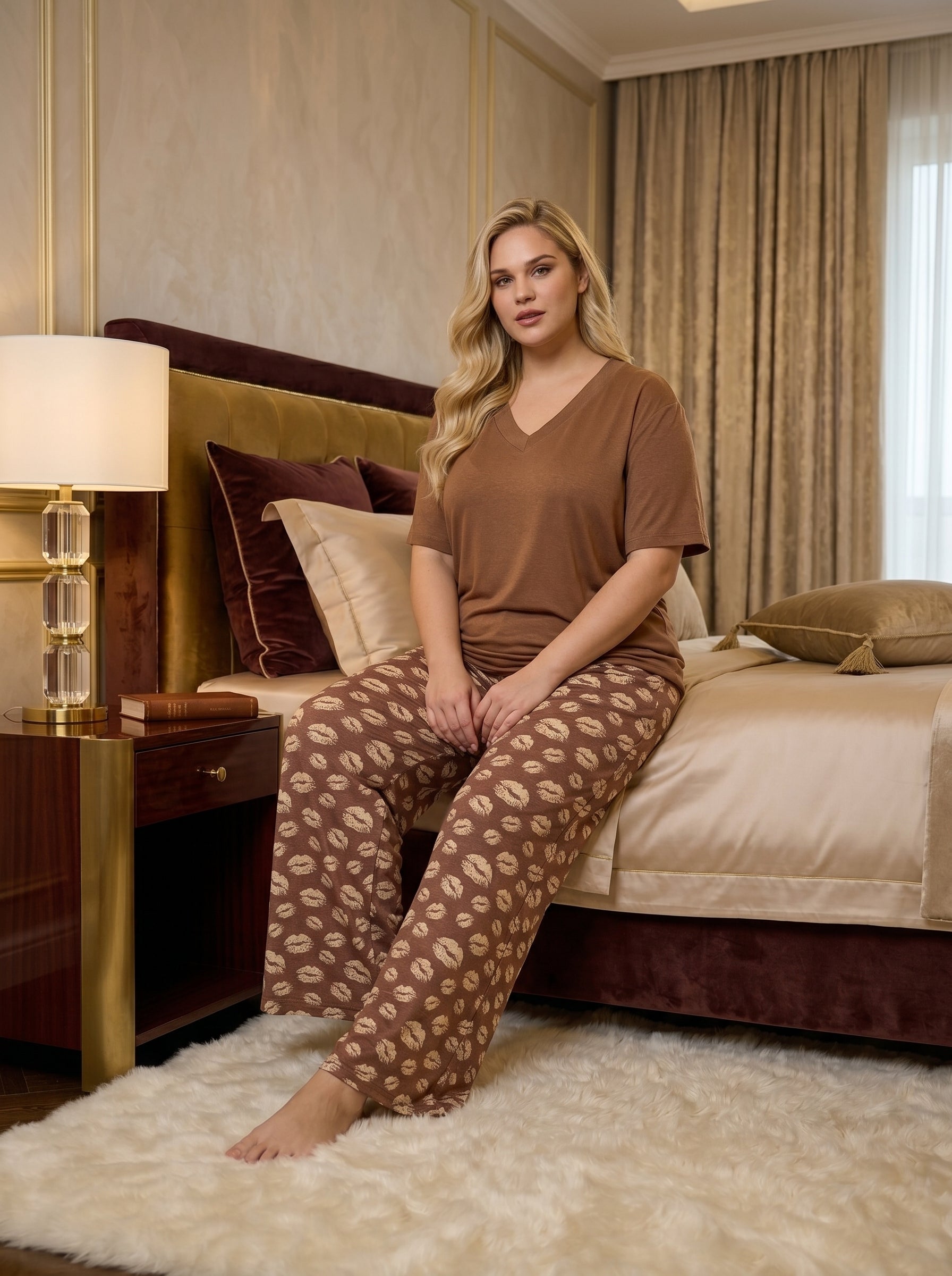 Yeni Sezon Kadın Kahverengi Desenli Yazlık V Yaka Özel Tasarım Kısa Kol Yazlık Büyük Beden (Battal Boy) Pijama Takımı 11059