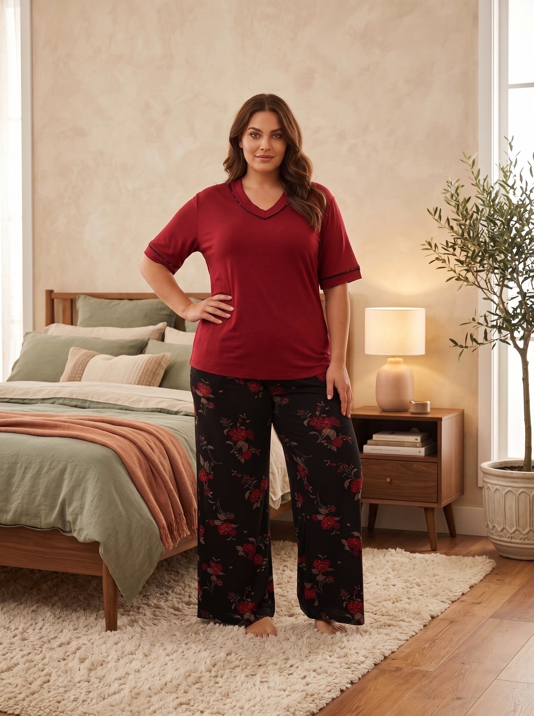 Yeni Sezon Kadın Yazlık V Yaka Özel Tasarım Kısa Kol Yazlık Büyük Beden (Battal Boy) Pijama Takımı 11064