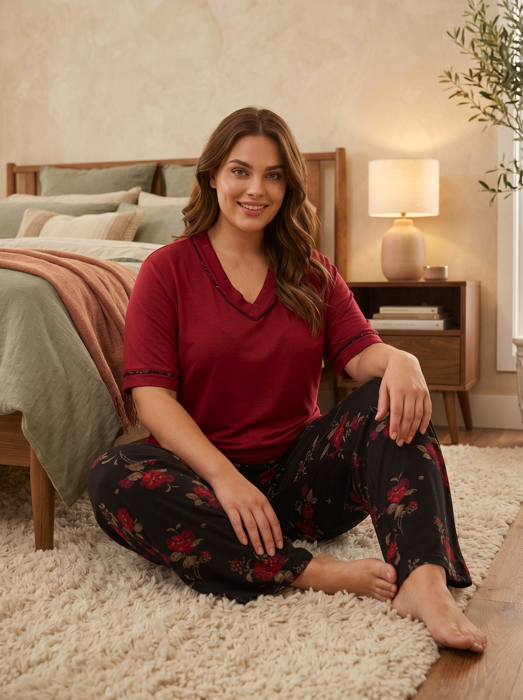 Yeni Sezon Kadın Yazlık V Yaka Özel Tasarım Kısa Kol Yazlık Büyük Beden (Battal Boy) Pijama Takımı 11064