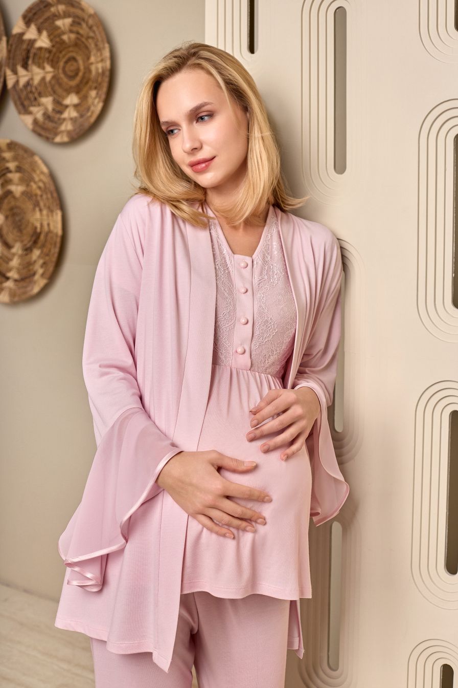 Yeni Sezon Pembe Özel Tasarım Volan Kollu % 100 Pamuk Lohusa Hamile Sabahlıklı Pijama Takımı Seti 1108