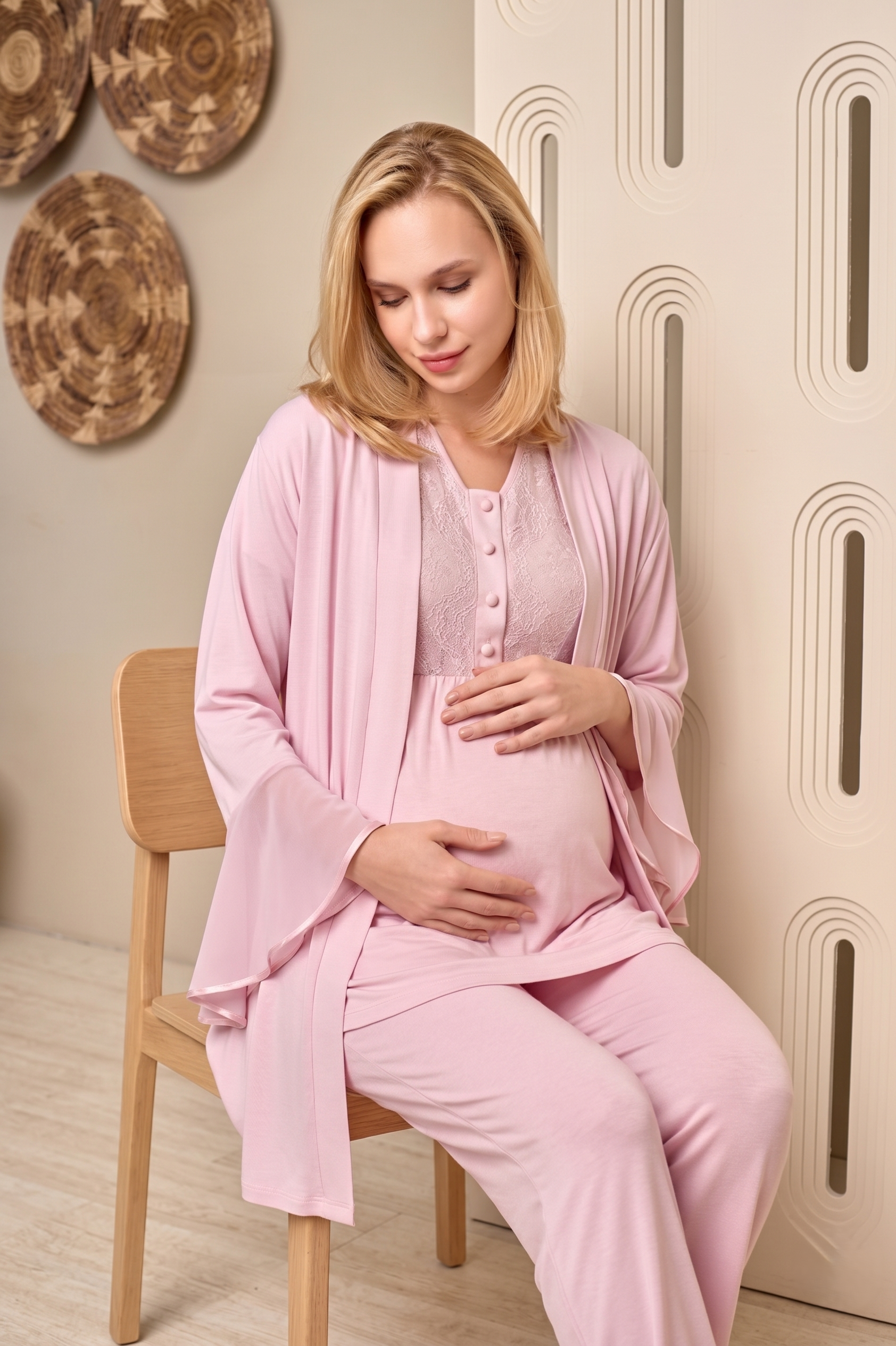 Yeni Sezon Pembe Özel Tasarım Volan Kollu % 100 Pamuk Lohusa Hamile Sabahlıklı Pijama Takımı Seti 1108