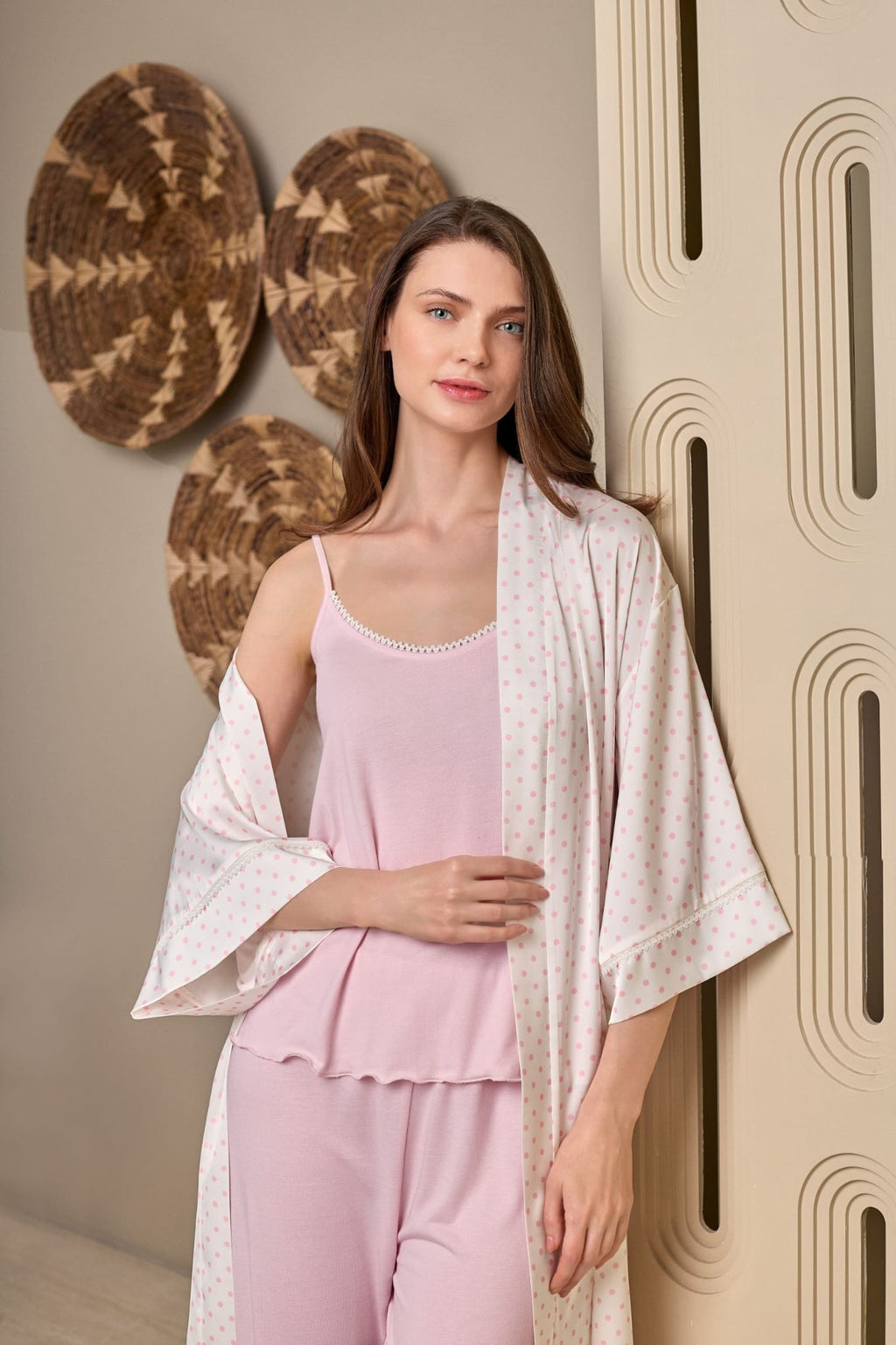 Yeni Sezon Kadın Pembe Puantiyeli Askılı Yazlık Özel Tasarım Sabahlık Pijama Takımı 1112