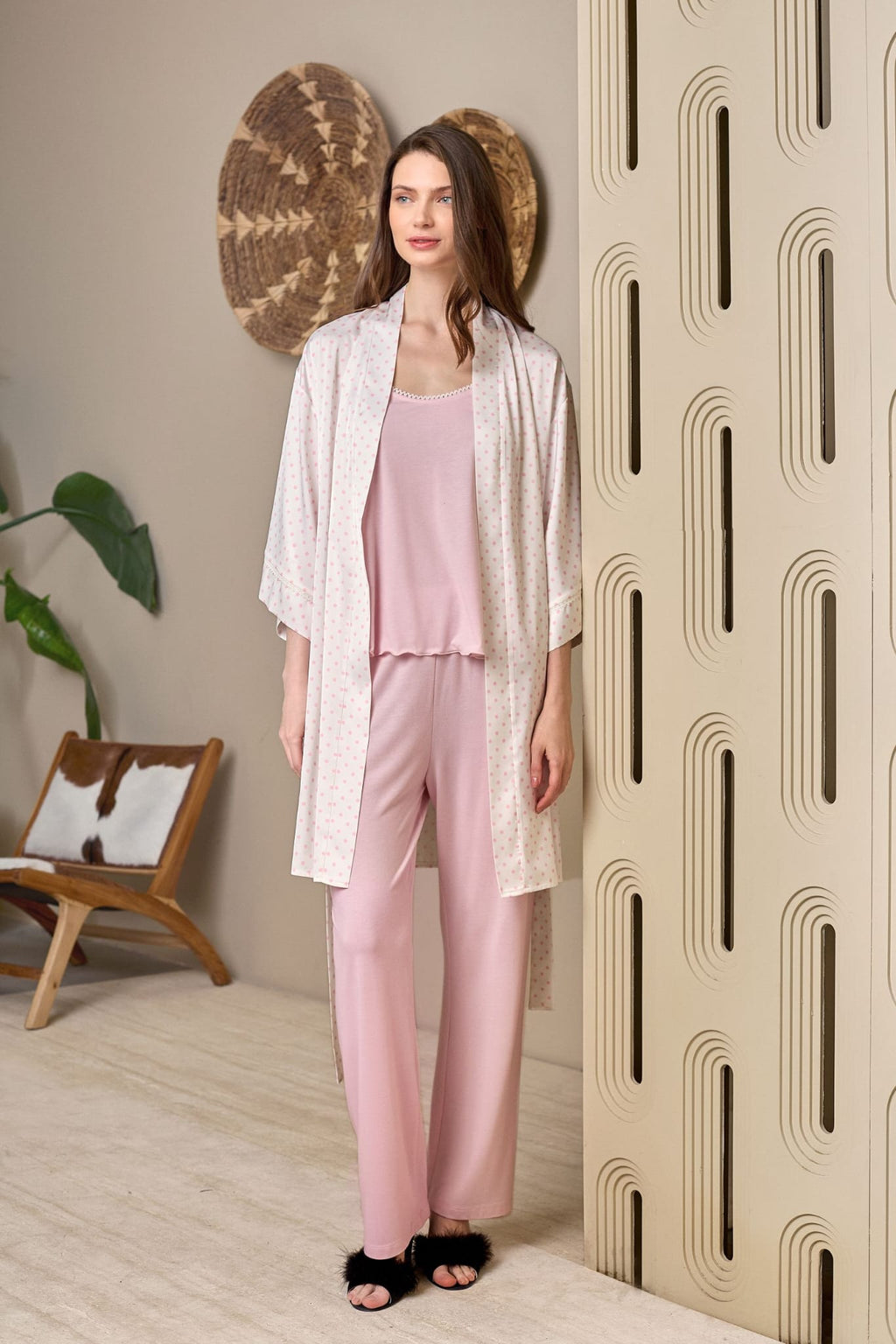 Yeni Sezon Kadın Pembe Puantiyeli Askılı Yazlık Özel Tasarım Sabahlık Pijama Takımı 1112