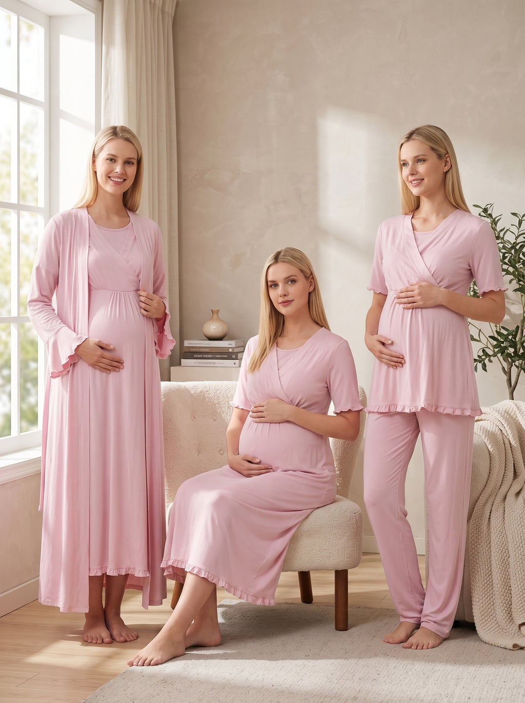 Yeni Sezon Gül Kurusu Yazlık Emzirme Özellikli Kruvaze Yakalı Tasarım Kısa Kollu %100 Pamuk Hamile Lohusa Sabahlık Gecelik Pijama Takımı 4'Lü Lohusa Seti 13036