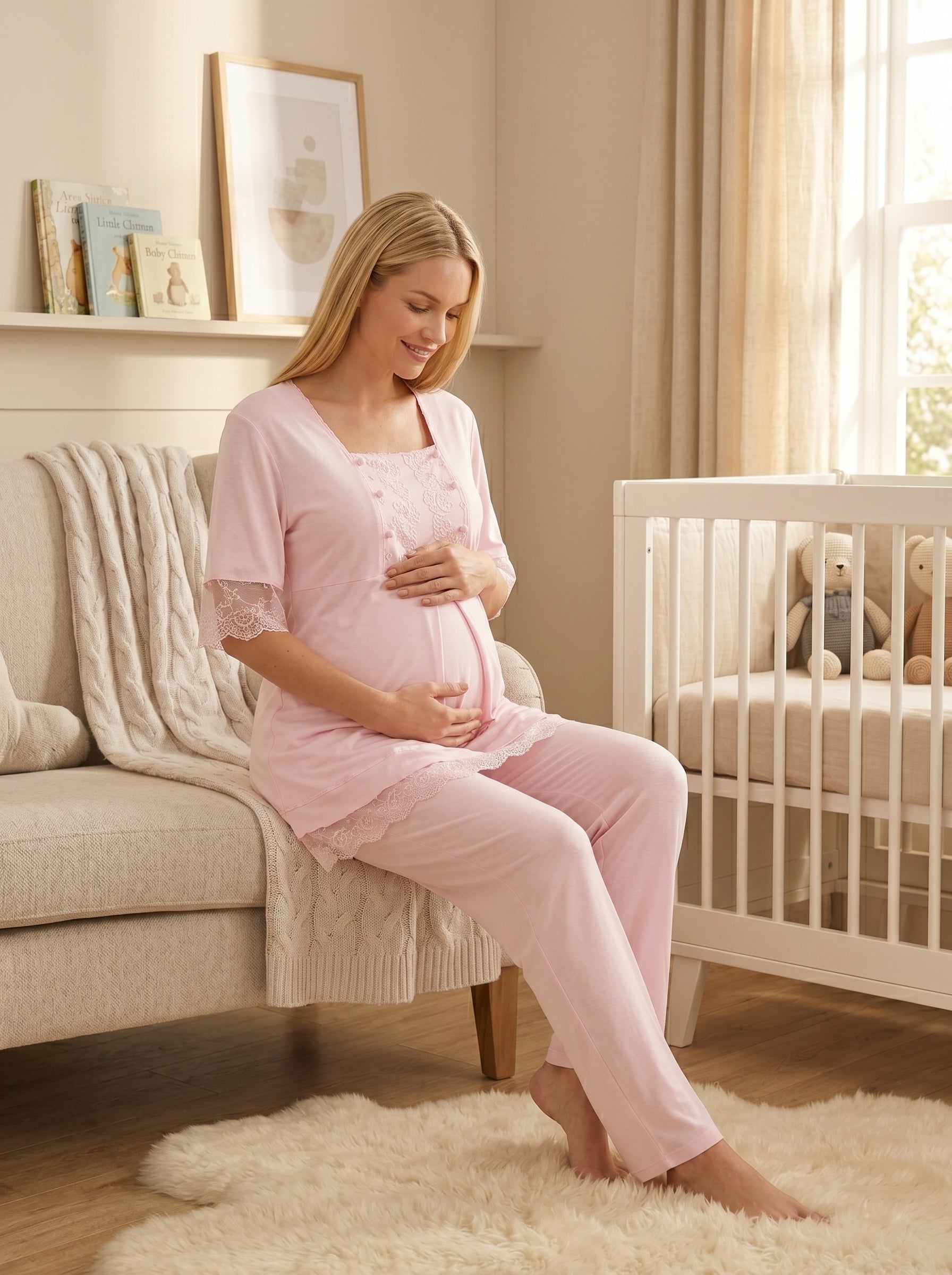 Yeni Sezon Pembe Kısa Kollu Dantel Detaylı Düğmeli Emzirmeye Uygun %100 Pamuk Hamile Lohusa Uzun Sabahlıklı Pijama Takımı Seti 16034