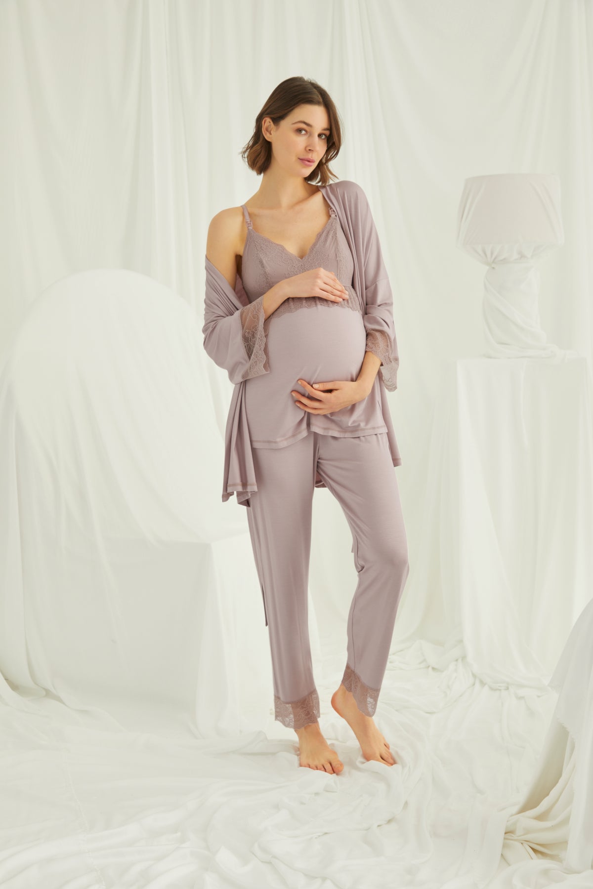 Yeni Sezon Gül Kurusu Dantel Detaylı Askılı Özel Tasarım Yazlık Hamile Lohusa Sabahlıklı Pijama Takımı Seti 18431