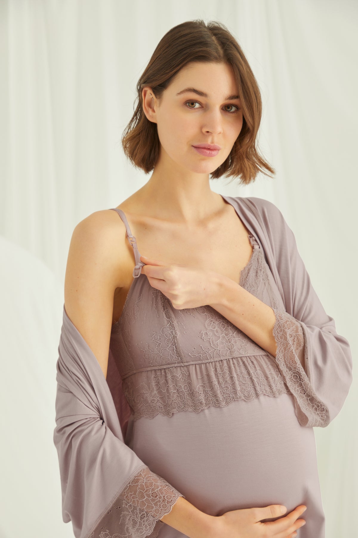 Yeni Sezon Gül Kurusu Dantel Detaylı Askılı Özel Tasarım Yazlık Hamile Lohusa Sabahlıklı Pijama Takımı Seti 18431