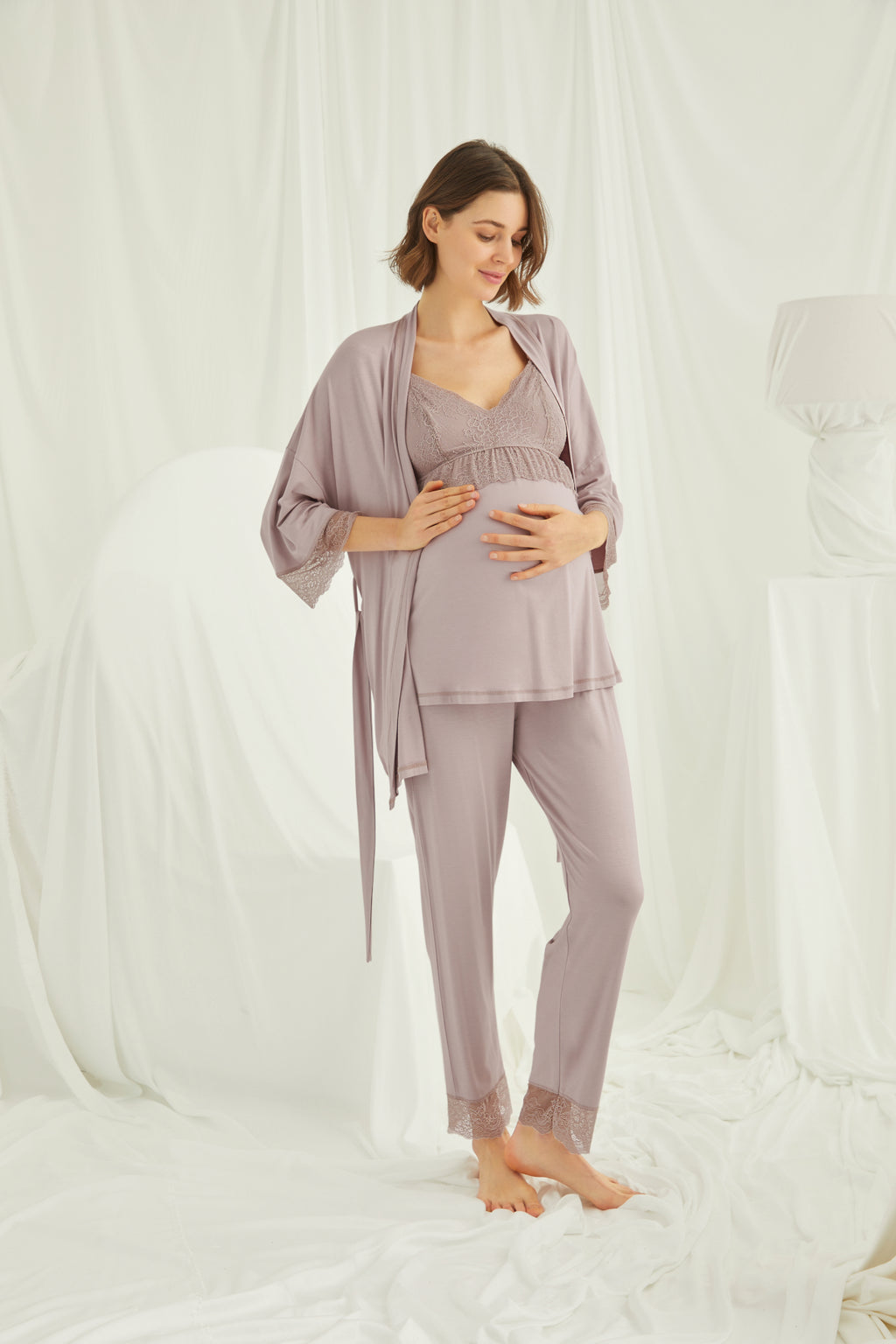 Yeni Sezon Gül Kurusu Dantel Detaylı Askılı Özel Tasarım Yazlık Hamile Lohusa Sabahlıklı Pijama Takımı Seti 18431