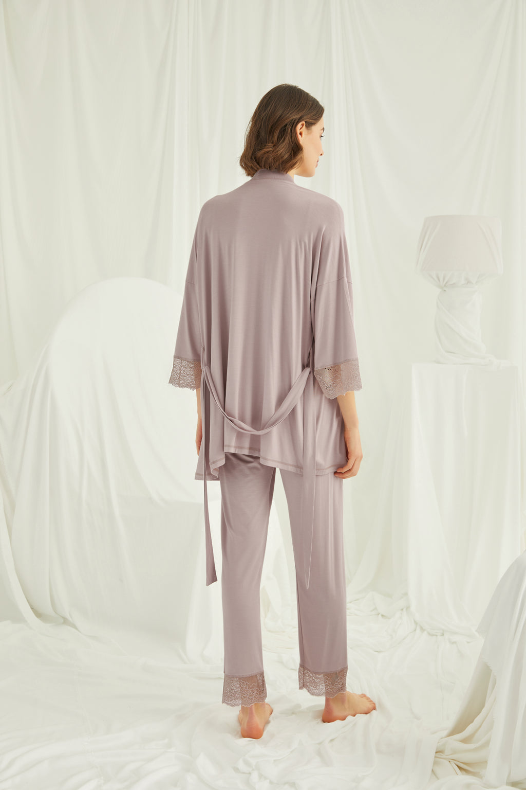 Yeni Sezon Gül Kurusu Dantel Detaylı Askılı Özel Tasarım Yazlık Hamile Lohusa Sabahlıklı Pijama Takımı Seti 18431