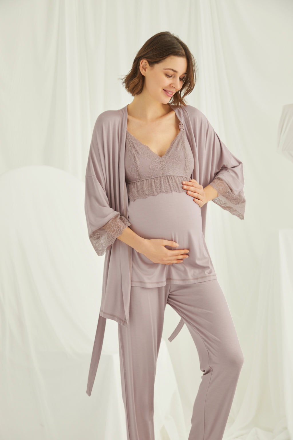 Yeni Sezon Gül Kurusu Dantel Detaylı Askılı Özel Tasarım Yazlık Hamile Lohusa Sabahlıklı Pijama Takımı Seti 18431