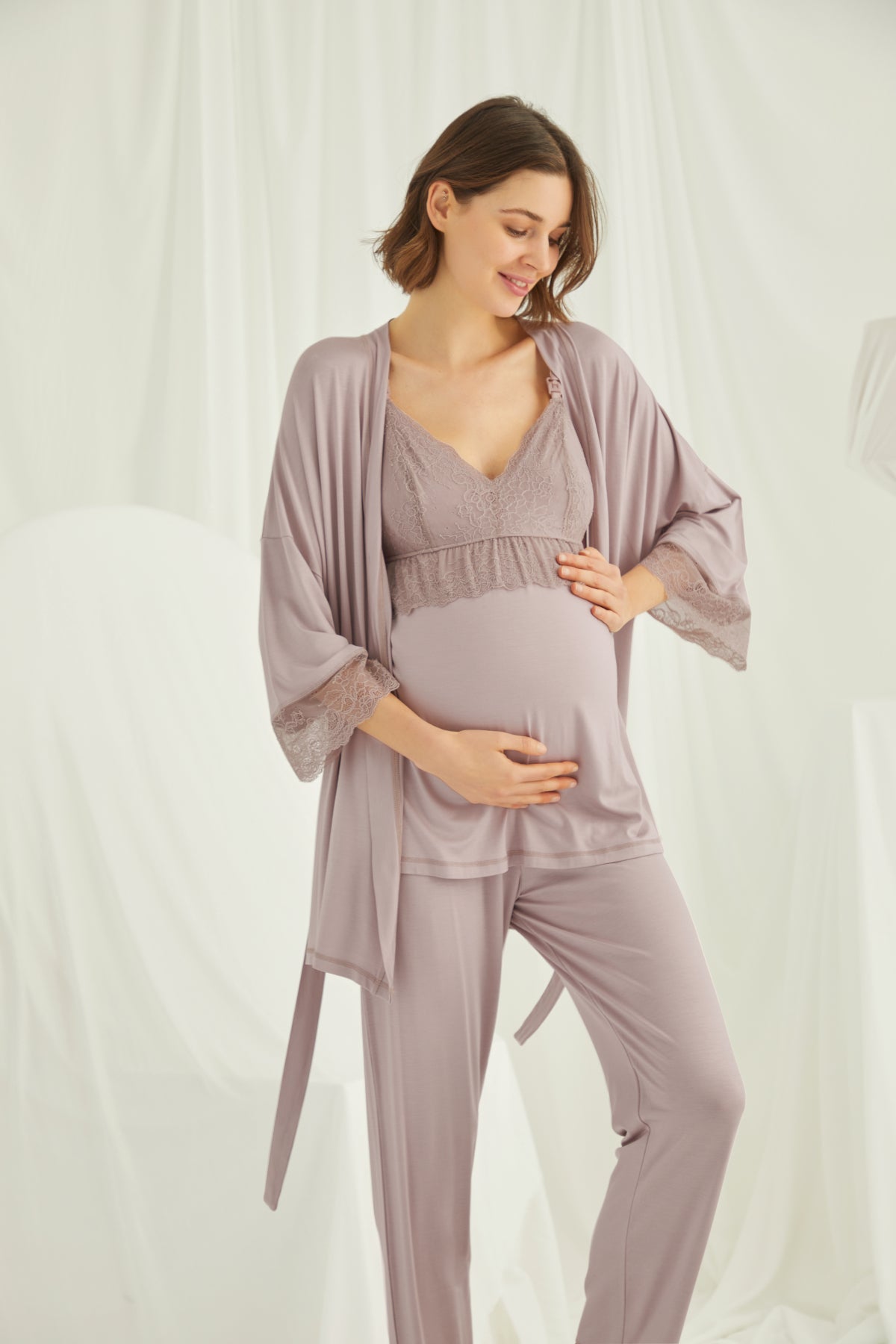 Yeni Sezon Gül Kurusu Dantel Detaylı Askılı Özel Tasarım Yazlık Hamile Lohusa Sabahlıklı Pijama Takımı Seti 18431