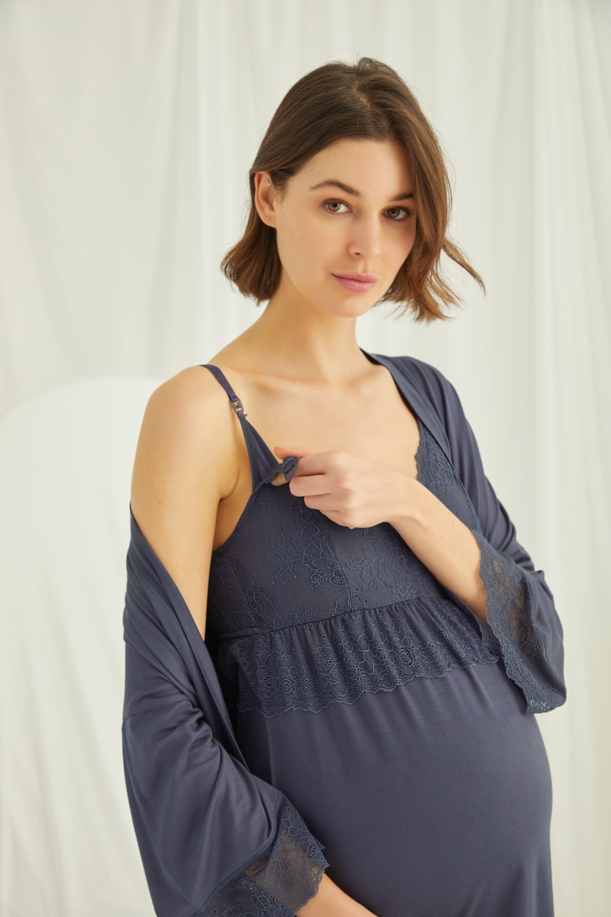 Yeni Sezon Lacivert Dantel Detaylı Askılı Özel Tasarım Yazlık Hamile Lohusa Sabahlıklı Pijama Takımı Seti 18432