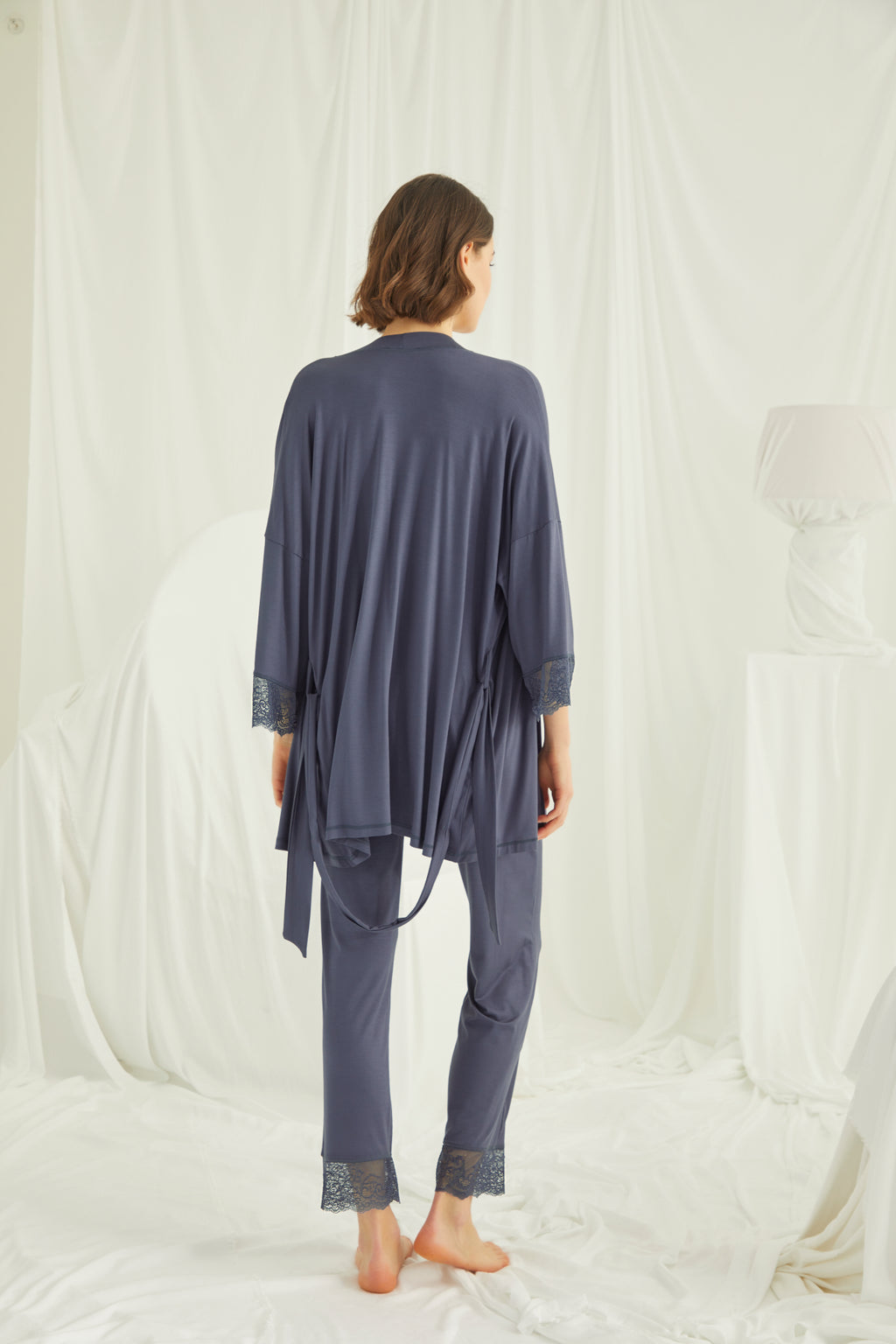 Yeni Sezon Lacivert Dantel Detaylı Askılı Özel Tasarım Yazlık Hamile Lohusa Sabahlıklı Pijama Takımı Seti 18432