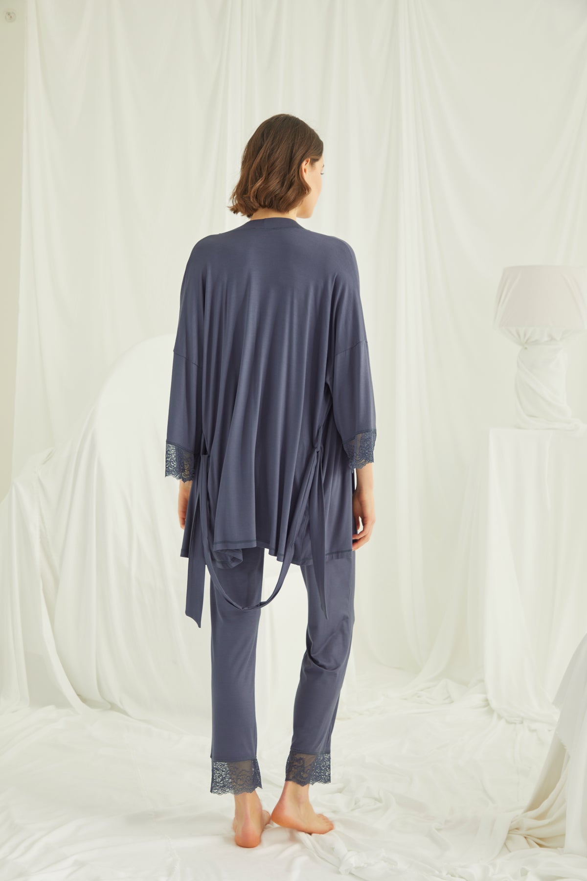 Yeni Sezon Lacivert Dantel Detaylı Askılı Özel Tasarım Yazlık Hamile Lohusa Sabahlıklı Pijama Takımı Seti 18432