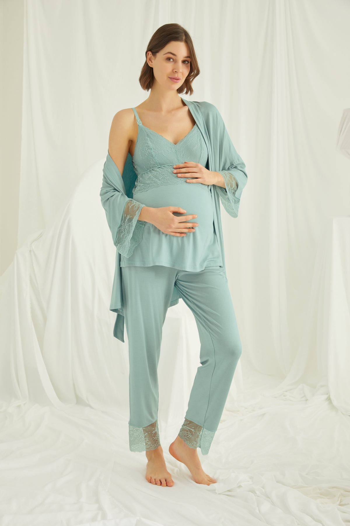 Yeni Sezon Dantel Detaylı Askılı Özel Tasarım Yazlık Hamile Lohusa Sabahlıklı Pijama Takımı Seti 18469