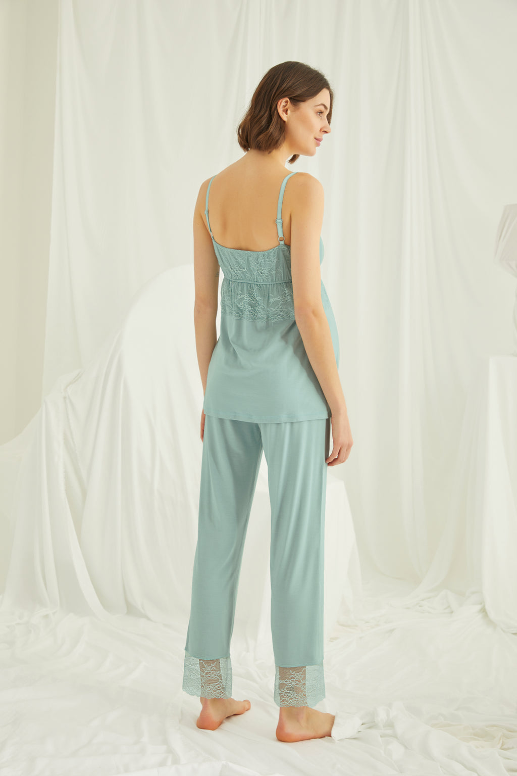 Yeni Sezon Dantel Detaylı Askılı Özel Tasarım Yazlık Hamile Lohusa Sabahlıklı Pijama Takımı Seti 18469