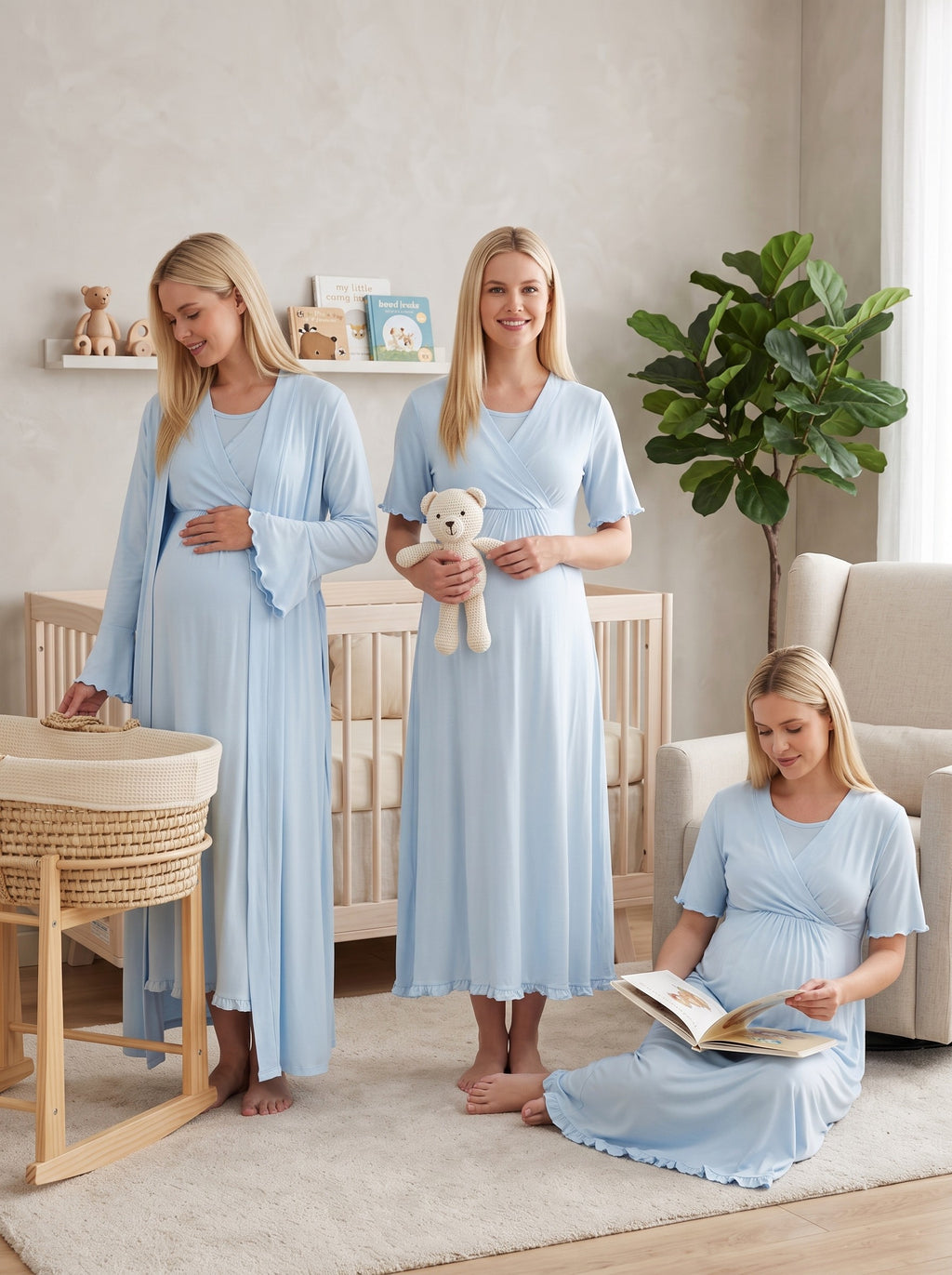 Yeni Sezon Mavi Yazlık Emzirme Özellikli Kruvaze Yakalı Tasarım Kısa Kollu %100 Pamuk Hamile Lohusa Sabahlık Gecelik Pijama Takımı 4'Lü Lohusa Seti 13036