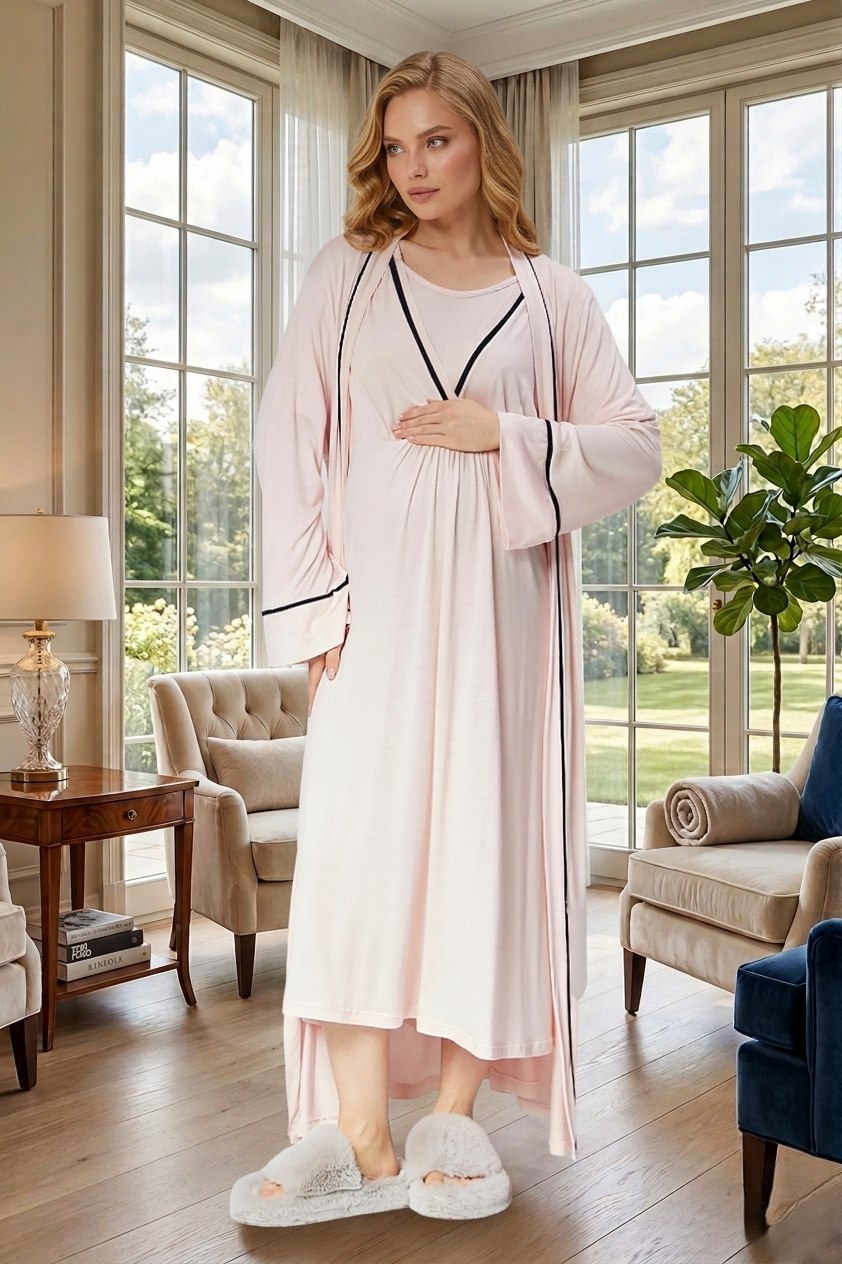 Yeni Sezon Pembe Kruvaze Yakalı Yazlık Kısa Kol Özel Tasarım Tam Boy %100 Pamuk Lohusa Hamile Sabahlıklı Gecelik Seti 506