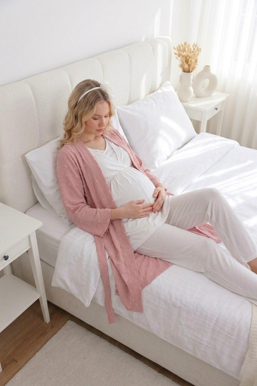 Yeni Sezon Pudra Jakarlı Özel Tasarım Yazlık %100 Pamuk Hamile Lohusa Sabahlıklı Pijama Takımı Seti 123