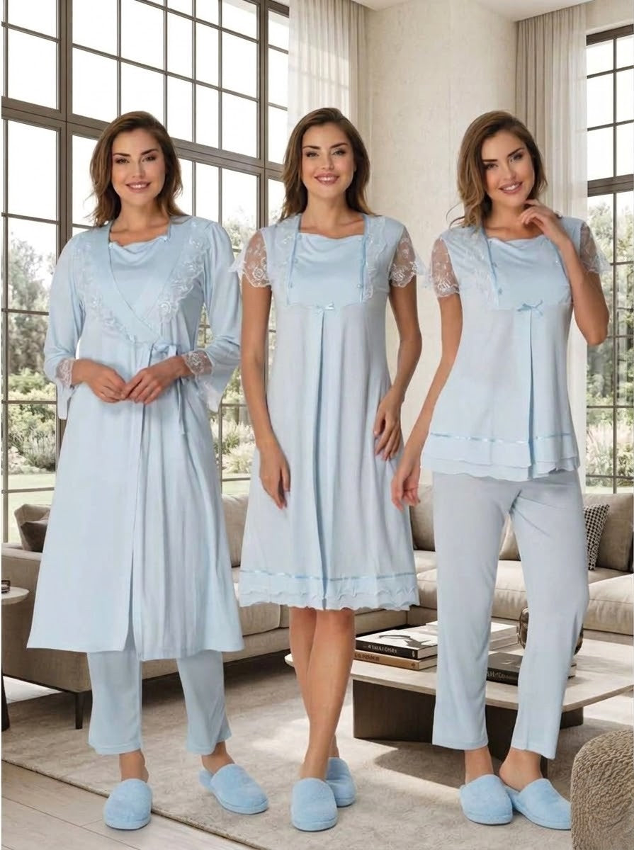 Kadın Mavi Yazlık Kolay Emzirme Özellikli Dantelli Kısa Kol Hamile Lohusa Sabahlık Pijama Takımı Gecelik 4'Lü Lohusa Seti 2050
