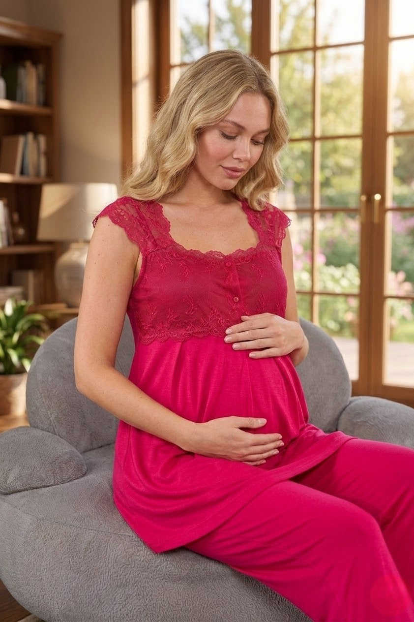 Yeni Sezon Fuşya Askılı Dantel Detaylı Özel Tasarım Yazlık %100 Pamuk Hamile Lohusa Pijama Takımı 2303