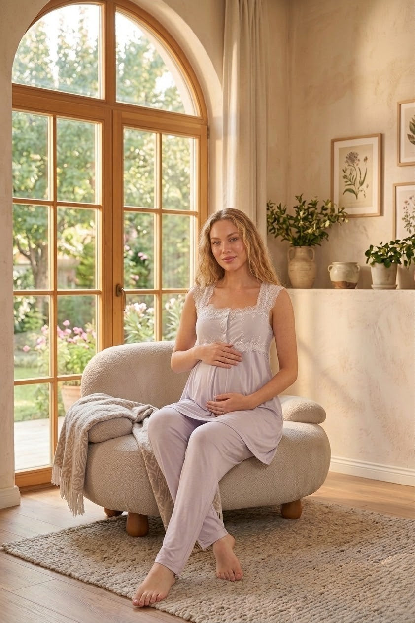 Yeni Sezon Gri Askılı Dantel Detaylı Özel Tasarım Yazlık %100 Pamuk Hamile Lohusa Pijama Takımı 2303