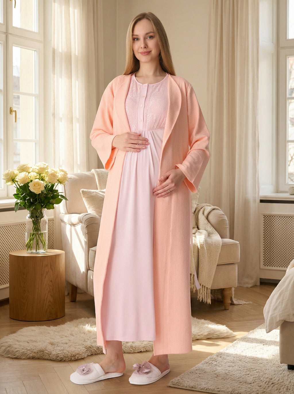 Yeni Sezon Somon Yazlık Dokulu Lohusa Hamile Sabahlıklı Gecelik Seti - 2318