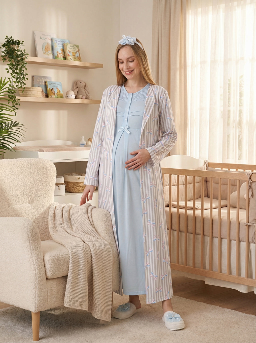 Yeni Sezon Mavi Yazlık Desenli Lohusa Hamile Sabahlıklı Gecelik Seti - 2319