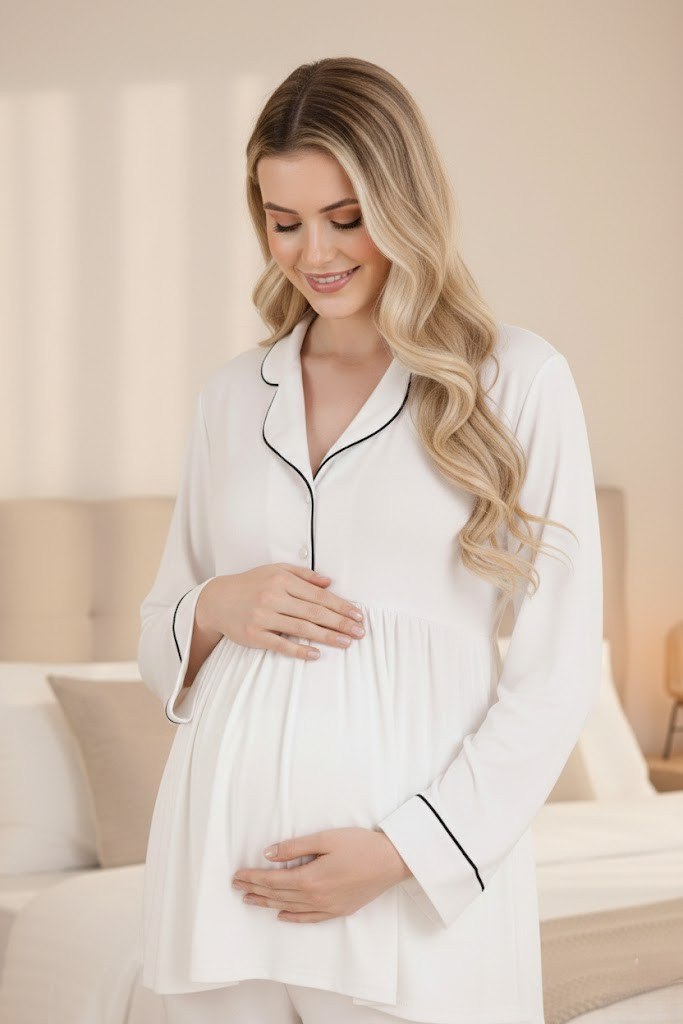 Yeni Sezon Ekru Uzun Sabahlıklı Düğmeli Özel Tasarım Hamile Lohusa Sabahlıklı Pijama Takımı Seti 33001