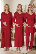 Yeni Sezon Fuşya Emzirme Özellikli Prenses Kollu %100 Pamuk Hamile Lohusa Sabahlık Gecelik Pijama Takımı 4'Lü Lohusa Seti 13014
