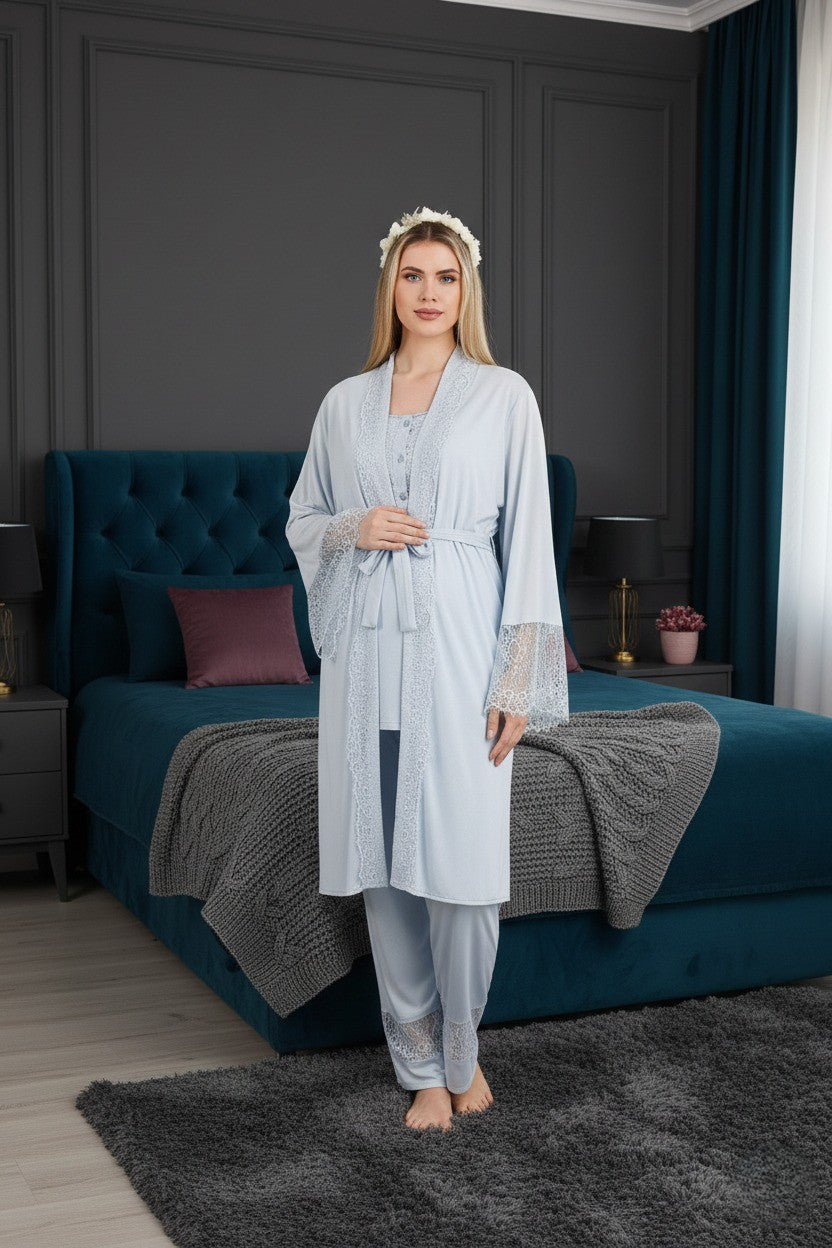 Yeni Sezon Mavi Dantel Detaylı Kısa Kollu Tasarım Yazlık Lohusa Hamile Sabahlıklı Pijama Takımı Seti 33002