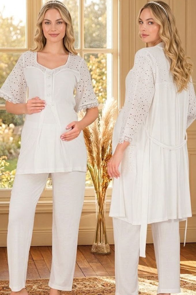 Yeni Sezon Ekru Fisto Keten Detaylı Özel Tasarım Yazlık Pamuk Hamile Sabahlıklı Pijama Takımı Seti 33006